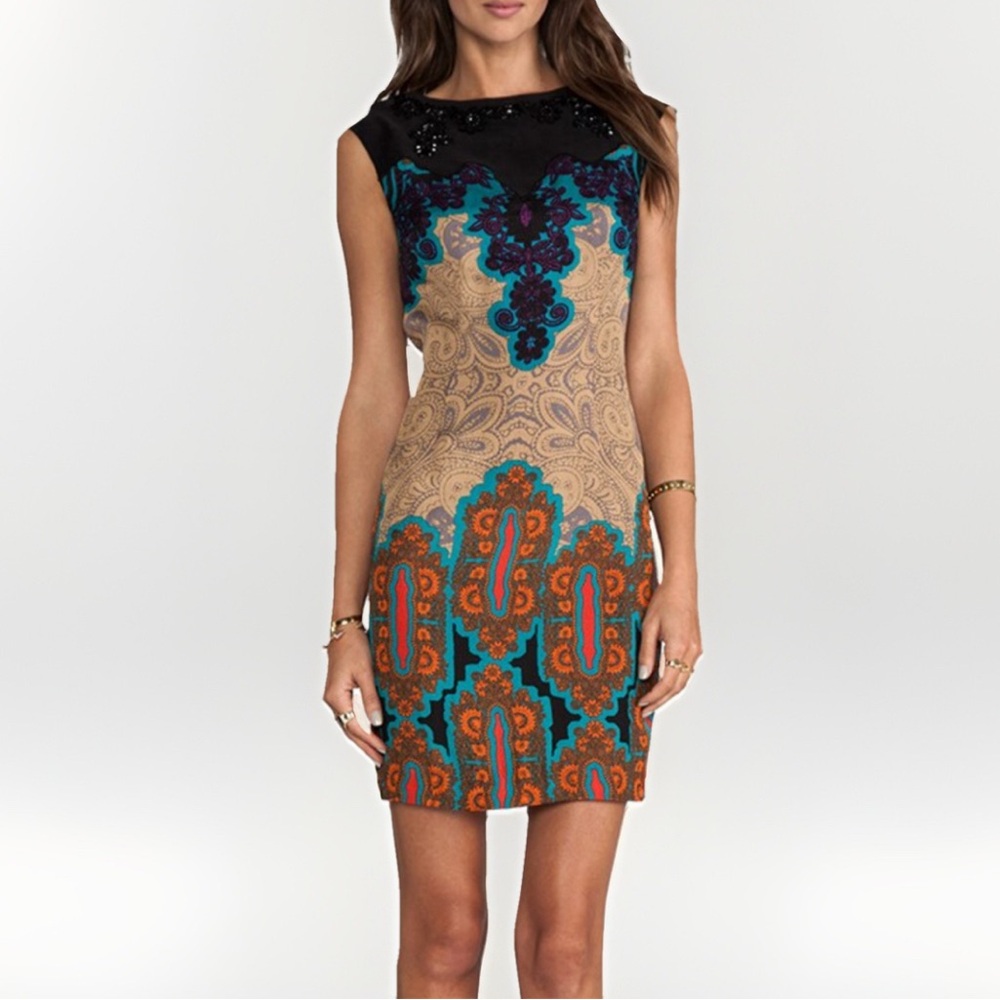 Tracy Reese Medallion Sarasatic Print Placement Shift Dress in Multi Silk Rayon